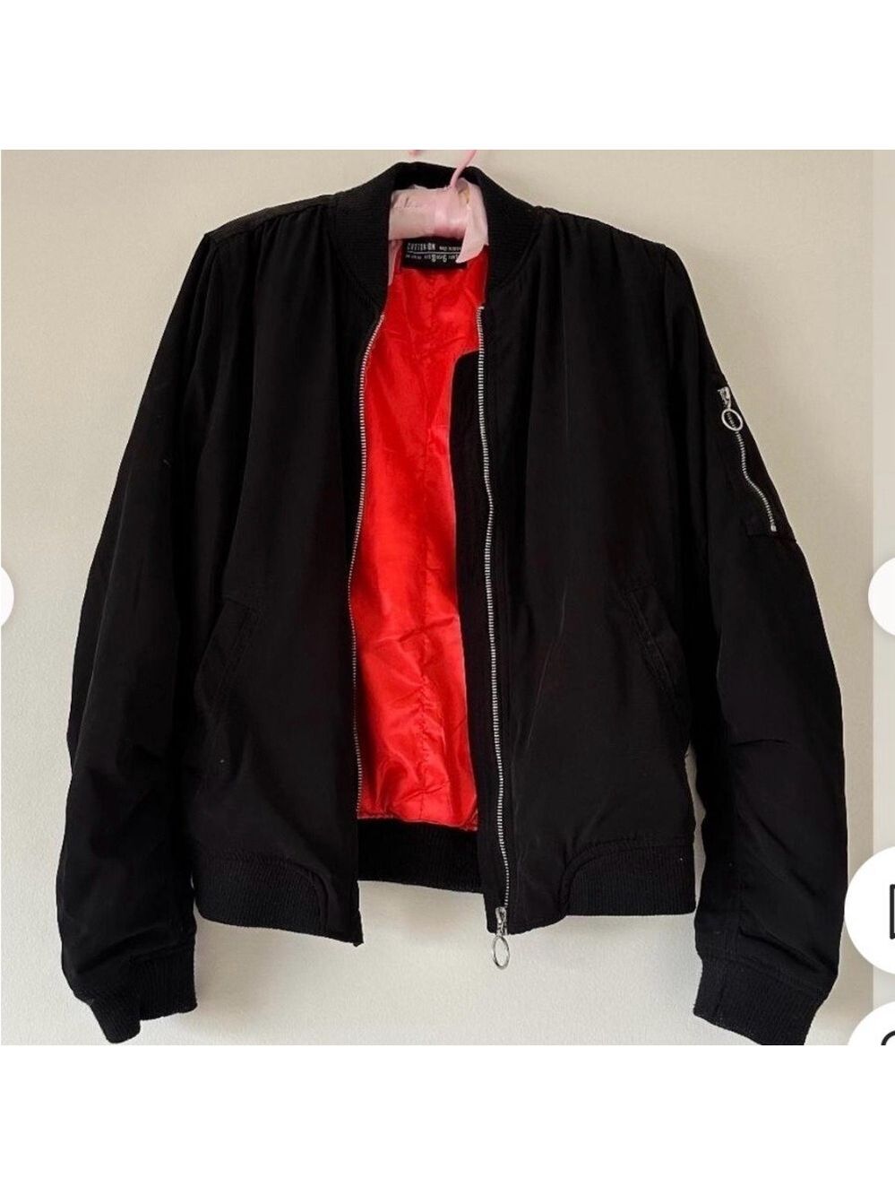 Cotton On bomber Jacket 6 Black red lining winter fall streetwear layering